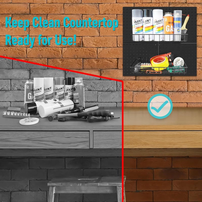 G.CORE Large Peg Board Baskets - 2 Pack Metal Shallow Tray Shelves for 1/4 Pegboards - Spray Bottle Holders Can Organizers for Garage Workbench Shop Hobby Craft Tool Organization (Black) - Image 5